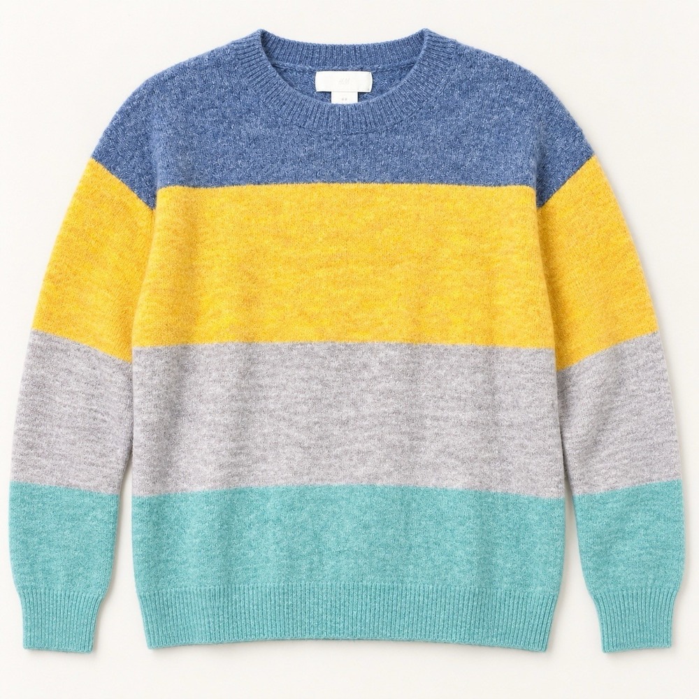 H&M Women Small Colorblock Fuzzy Knit Sweater Blue Yellow Gray Teal Pullover